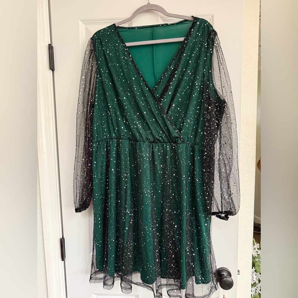 Green Ruched Wrap Dress with Bishop Sleeves